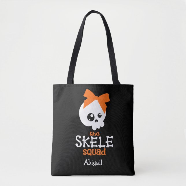 Trick or Treat Cute Orange Skeleton Halloween Name Tote Bag (Front)