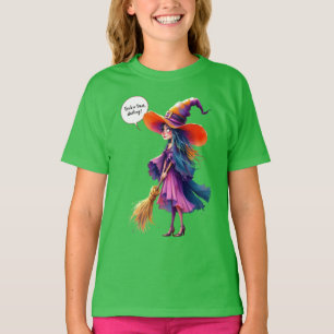 Trick or treat, darling! Witch with a broom, Hall T-Shirt