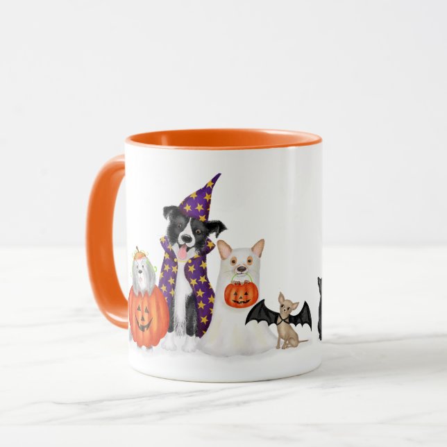 Trick or treat? Dogs in Halloween costumes mug (Front Left)