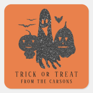 Trick or Treat Favor Halloween Ghost Pumpkins Bats Square Sticker