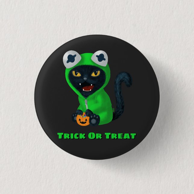 Trick or Treat Frog Cat Halloween Costume 1 Inch Round Button (Front)