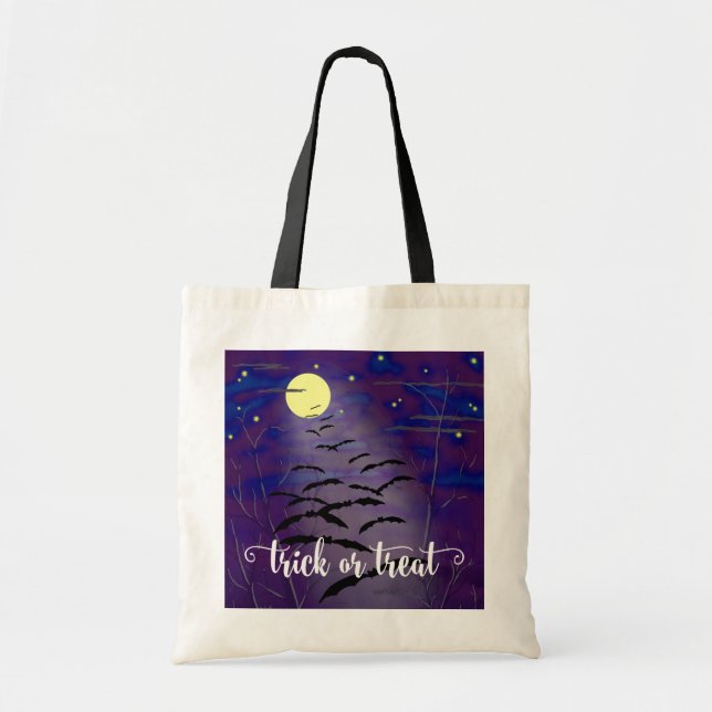 Trick or Treat Full Moon and Bats Halloween Tote Bag (Front)