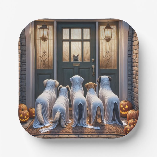 Trick or Treat Ghost Dogs Paper Plate (Front)