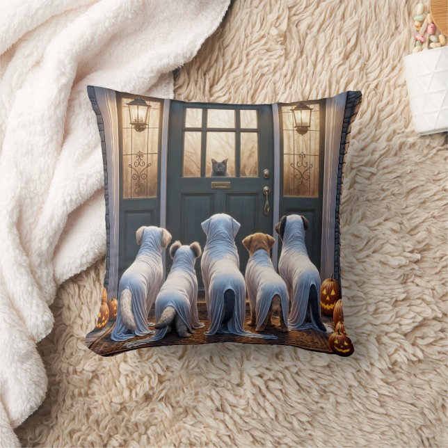 Trick or Treat Ghost Dogs Throw Pillow (Blanket)