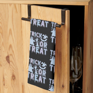 Trick or Treat Ghosts Cute Black Halloween Kitchen Towel