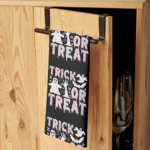 Trick or Treat Ghosts Cute Black Halloween Kitchen Towel