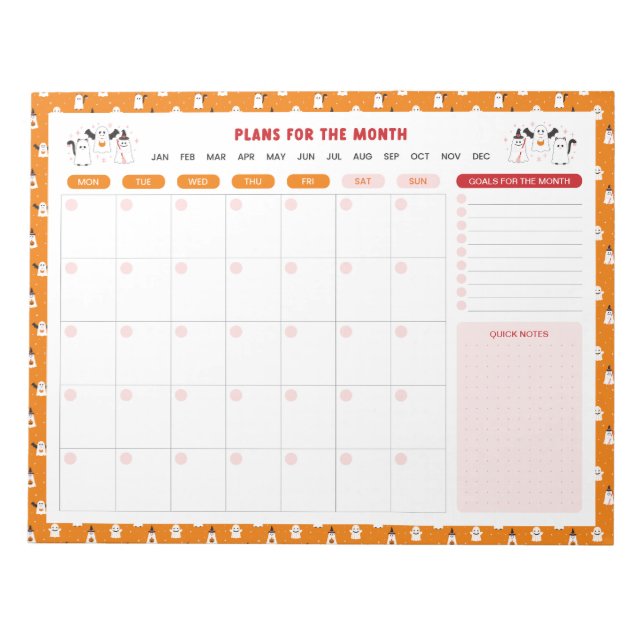 Trick or Treat Ghosts Monthly To Do List Planner Notepad (Front)