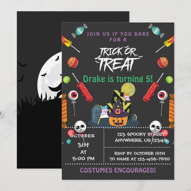 Trick or Treat, Halloween Birthday Invitation (Front/Back)