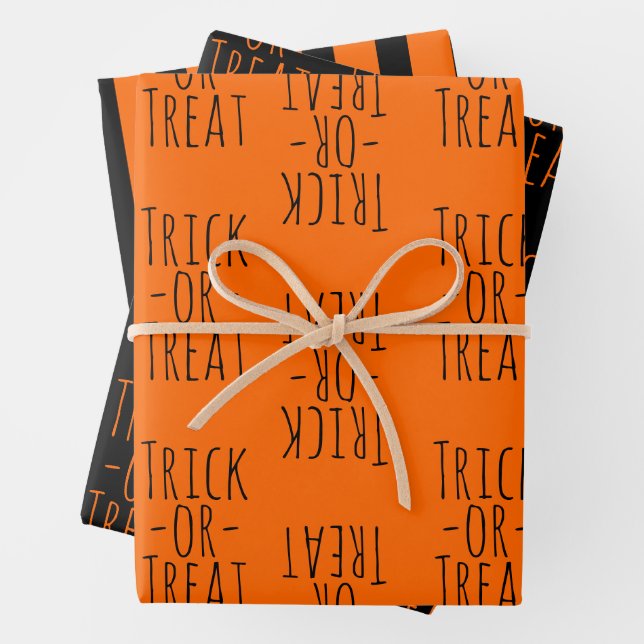 Trick-or-Treat Halloween Black and Orange Patterns Wrapping Paper Sheet (In situ)