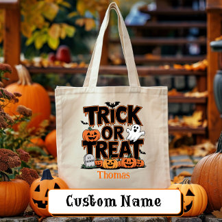 Trick or Treat Halloween Ghost Pumpkin Personalize Tote Bag