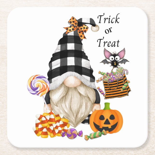 Trick or Treat Halloween Gnome Square Paper Coaster (Front)