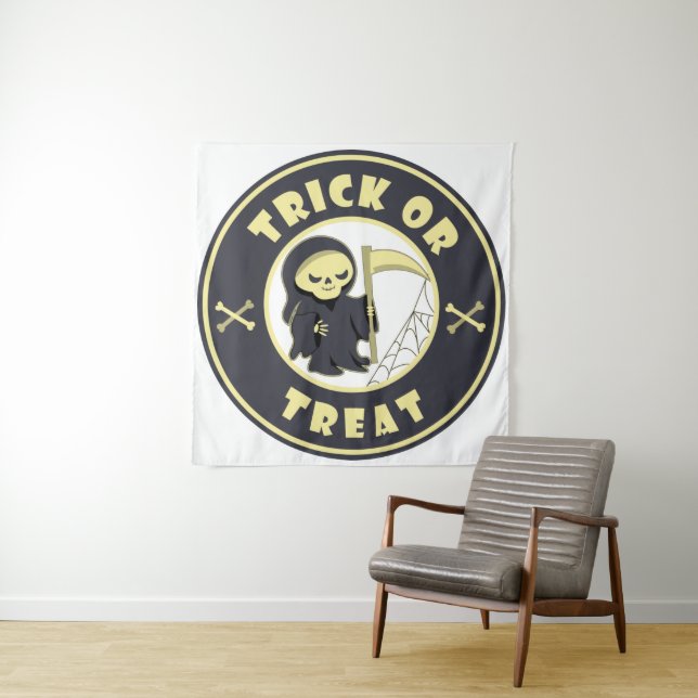Trick or treat Halloween grim reaper character Tapestry (In Situ)