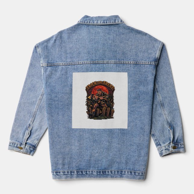 Trick Or Treat Halloween Killer Skeleton Axe Red M Denim Jacket (Back)