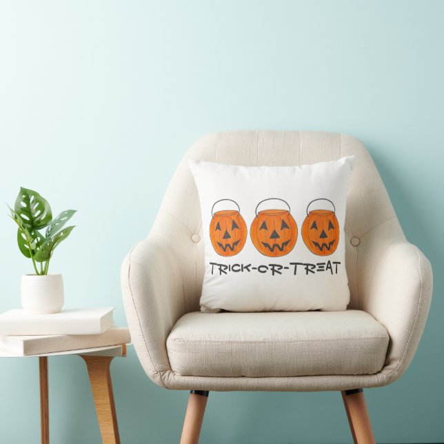 Trick or Treat Halloween Orange Pumpkin Bucket Throw Pillow (Chair)