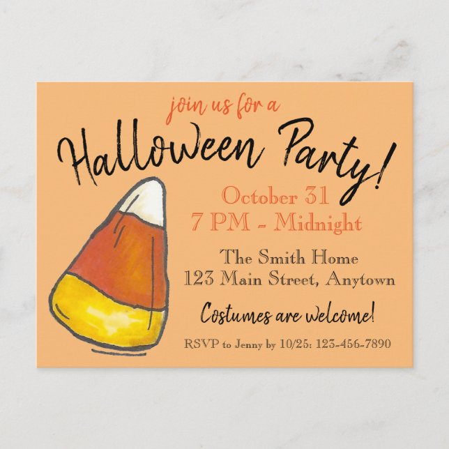 Trick or Treat Halloween Party Candy Corn Candies Invitation Postcard (Front)