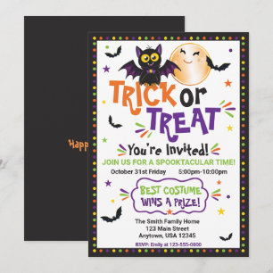 Trick or Treat Halloween Party Cute Bat and Moon Invitation