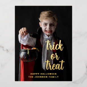 Trick Or Treat Halloween Photo Gold Foil Holiday Postcard