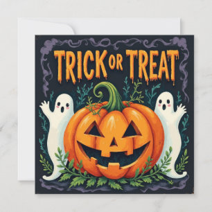 Trick or Treat Halloween Pumpkin and Ghost  Holiday Card