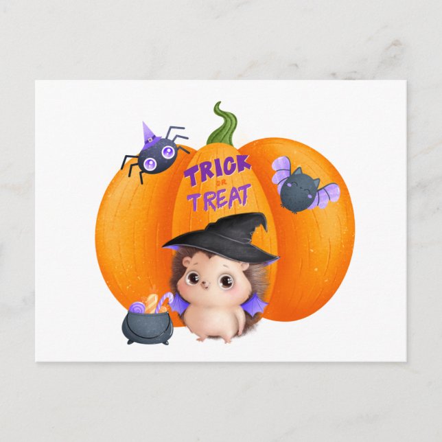 Trick or Treat Halloween Pumpkin and Hedgehog Postcard (Front)