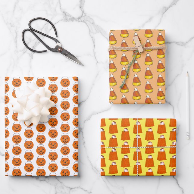 Trick or Treat Halloween Pumpkin Candy Corn Wrapping Paper Sheet (Front)