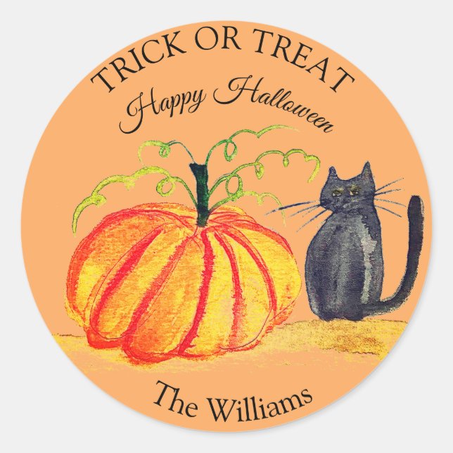Trick or Treat Halloween Pumpkin Cat Cute Classic Round Sticker (Front)