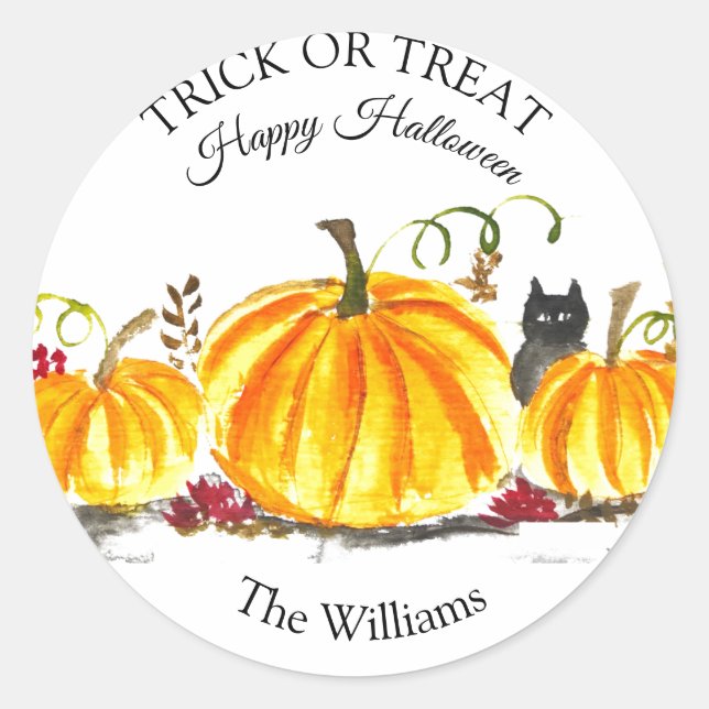 Trick or Treat Halloween Pumpkin Cat Cute Classic Round Sticker (Front)