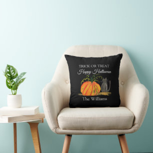 Trick or Treat Halloween Pumpkin Cat Cute Throw Pillow
