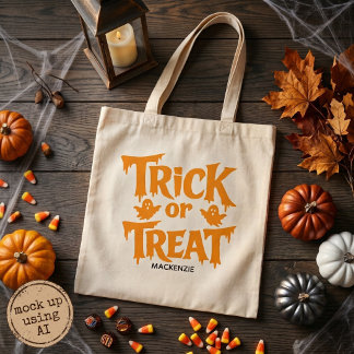 Trick or Treat Halloween Text with Ghosts Add Name Tote Bag