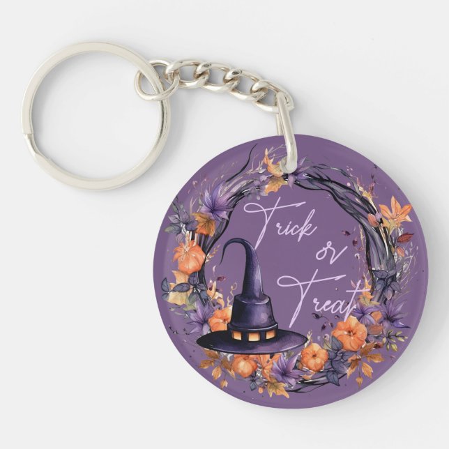 Trick Or Treat Halloween Witch Hat Acrylic Keychain (Front)