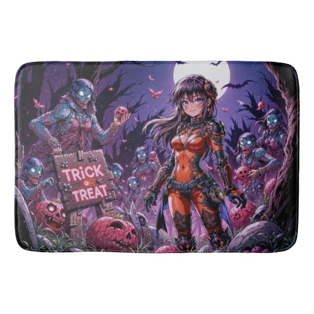 Trick or Treat Halloween Zombies Handing out Brain Bath Mat (Front)