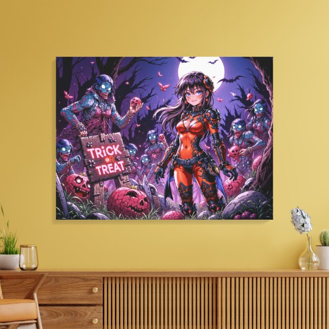 Trick or Treat Halloween Zombies Handing out Brain Canvas Print (Insitu(LivingRoom))