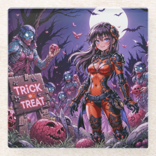 Trick or Treat Halloween Zombies Handing out Brain Glass Coaster (Front)