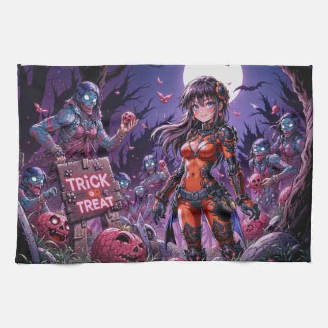 Trick or Treat Halloween Zombies Handing out Brain Kitchen Towel (Horizontal)