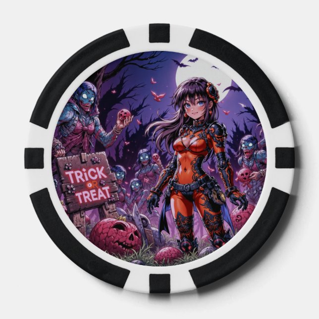 Trick or Treat Halloween Zombies Handing out Brain Poker Chips (Front)