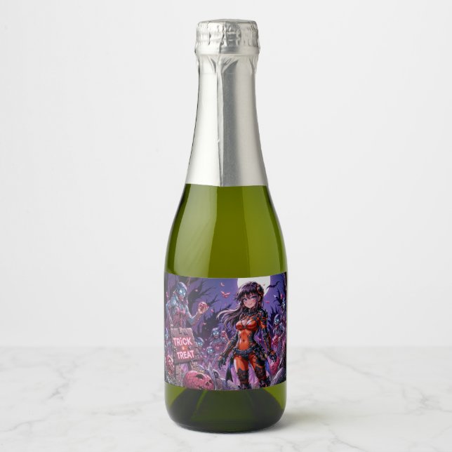 Trick or Treat Halloween Zombies Handing out Brain Sparkling Wine Label (Front)
