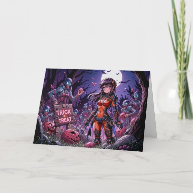 Trick or Treat Halloween Zombies Handing out Brain Thank You Card (Front)