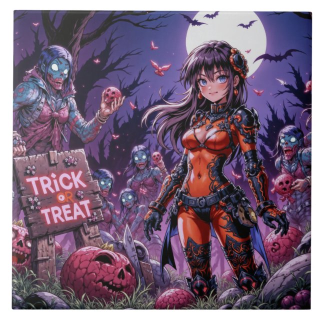 Trick or Treat Halloween Zombies Handing out Brain Tile (Front)