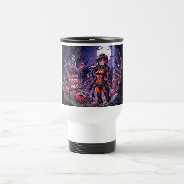 Trick or Treat Halloween Zombies Handing out Brain Travel Mug (Center)