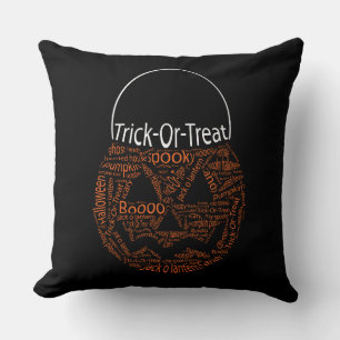 Trick Or Treat Jack O Lantern Typography Black Throw Pillow