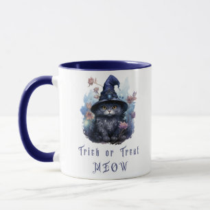 Trick or Treat Meow Black Cat Witch Hat Halloween Mug