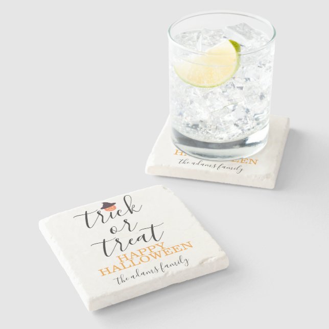 Trick or Treat Modern Script Halloween  Stone Coaster (Side)