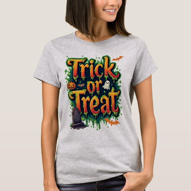 Trick or Treat Modern Script Womens Halloween T-Shirt (Front)