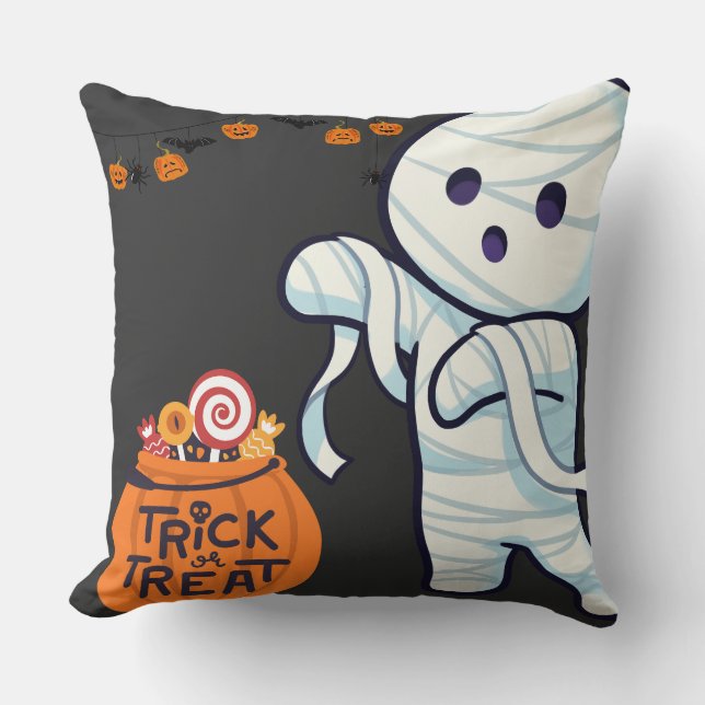 Trick or Treat Mummy Halloween Candy Fun Kids shir Throw Pillow (Front)