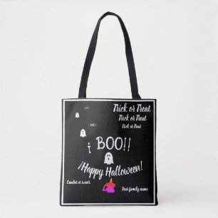 trick or treat,name, halloween personalized, boo! tote bag
