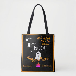 trick or treat,name, halloween personalized, boo! tote bag