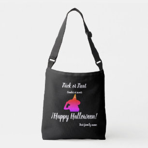 trick or treat,name, halloween personalized, witch crossbody bag