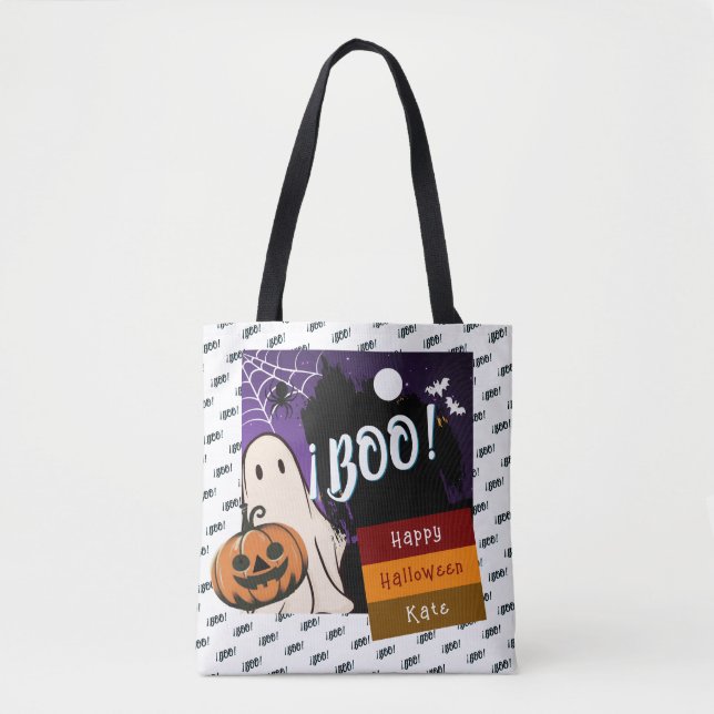 trick or treat,name persolalized halloween pink tote bag (Front)