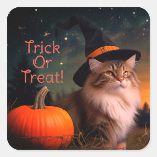 Trick Or Treat Norwegian Forest Cat In Witches Hat Square Sticker