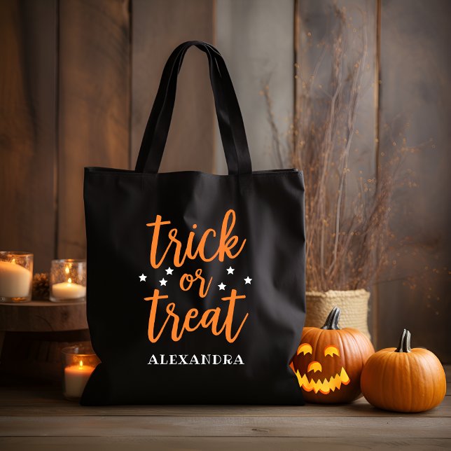 Trick or Treat Orange Modern Script Halloween Tote Bag (Creator Uploaded)