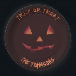 Trick or treat Pumpkin  Halloween party your name Paper Plate<br><div class="desc">Cool Black and orange Jack O'lantern Halloween party paper plates.
Fun party supplies,  decorations and disposable accessories for costume party,  halloween,  scary,  fright,  frightening,  trick or treat,  night gathering,  bbq,  dinner,  birthday,  wedding.

Available in small and large. Change the quantity to get the cheapest bulk price.</div>
